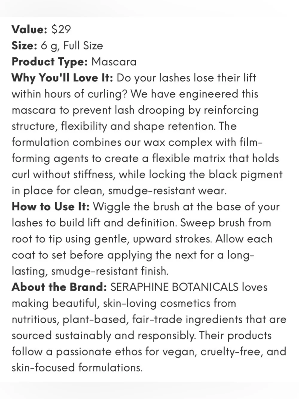 Seraphine Botanicals Power Curl Mascara — Black